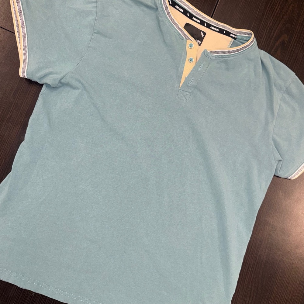 Stone Falcon Henley Shirt Mens Medium Blue Excellent Short Sleeve Stretch‎ Trim